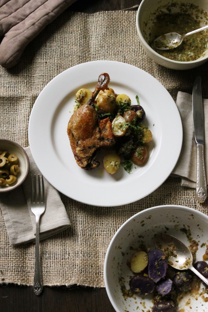 Duck Confit with Warm Green Olive Potato Salad