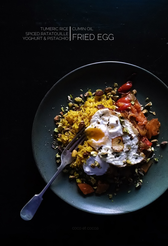 Turmeric Jewelled Rice with Spiced Ratatouille, Cumin Fried Egg, Yoghurt, and Pistachios