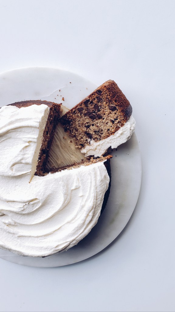 Cardamom Banana Chocolate Walnut Cake with Whipped Coconut Cream Cheese Frosting